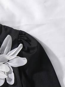 SHEIN Elladie kids 女童时尚白色花朵装饰褶皱下摆黑色圆领长袖连衣裙，舒适时尚，适合秋冬季节穿着。 - 黑色 - 查看 8