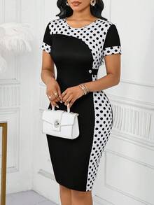 SHEIN Lady 大码女式波尔卡圆点印花圆领短袖修身中长连衣裙 女式夏装 女式夏装 优雅女式连衣裙 婚礼宾客连衣裙 女式连衣裙 大码女式优雅生日连衣裙