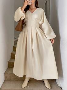 SHEIN LUNE 大码连衣裙 女士教堂礼服 婚礼宾客礼服 大码婚礼宾客礼服 约会晚礼服 女士教师服装 女士秋季连衣裙 秋季服装 大码编织纹理提花面料，三维垂直条纹面料，高重量，大灯笼袖效果，齐腰连衣裙 优雅的日常派对活动假日优雅服装，办公室警笛风格服装 长裙 老钱风格女士婚礼宾客礼服 女士夜间外出礼服 女士返校节礼服 女士秋季服装 女士派对礼服 节日礼服 - 杏色 - 查看 4