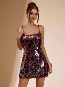 SHEIN BAE Autumn/Winter Solid Wine Red Minimalist Backless Tie-Up Sequin Glitter Mini Elegant Dress, Suitable For Nightclub Party, Sequin Dress