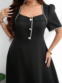Modelyn Plus Size Women V-Neck Short Sleeve Ruched Flared Hem Jacquard Elegant Luxurious Formal Evening Dress - Black - View 6