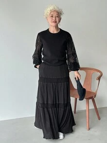 FRIFUL 女式黑色纯色圆领拼接透明蕾丝面料宽松休闲百搭毛衣，秋季 - 黑色 - 查看 2