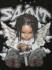 ROMWE MEN Street Life 男士闪亮钻石印花十字长袖 T 恤，宽松短款，秋季 - 黑色 - 查看 8