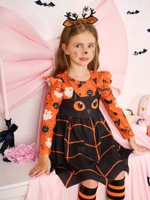 SHEIN 小女孩可爱卡通图案长袖连衣裙，适合万圣节派对 - 橘色 - 查看 11