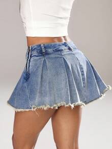 SHEIN ICON Women's Summer Fashion Low Waist Frayed Hem Mini Denim Skirt