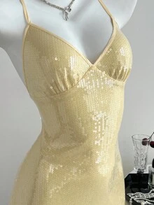SHEIN Unity 1 chiếc Đầm dự tiệc cưới thanh lịch hở lưng màu vàng kem lấp lánh dành cho nữ, cổ thấp, dây buộc, dự tiệc cưới, mùa thu - Màu vàng - Xem 5
