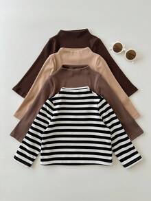 SHEIN 4件装可爱休闲条纹圆领长袖上衣，男女宝宝秋冬通用服装