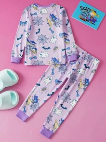 Nick 90s | SHEIN 小女孩可爱万圣节卡通图案紧身长袖上衣和裤子睡衣套装，浅紫色 - 紫色 - 查看 3