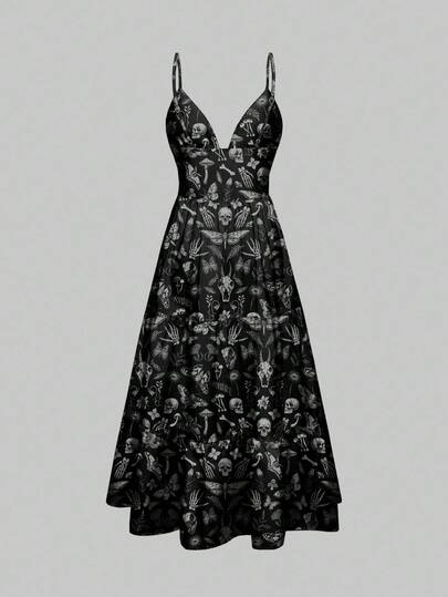 Goth Gothic Dark Horror Mysterious Plant Mushroom Skull Moth Print Women's Dress