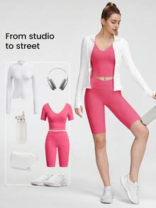 GLOWMODE 2 Pieces FeatherFit™ U-Back Cropped Active Tank & 4.3" Tummy Control Biker Shorts Set Low Impact Yoga Pilates Daily - Blush Crush - View 9