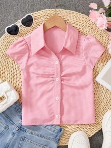Áo len cardigan cổ đứng tay ngắn sọc xanh cổ điển dành cho bé gái - Màu Hồng Tươi - Xem 3