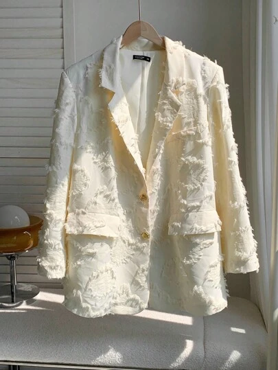 Comfortcana 秋冬大码女式纯色流苏设计翻领长袖休闲西装外套