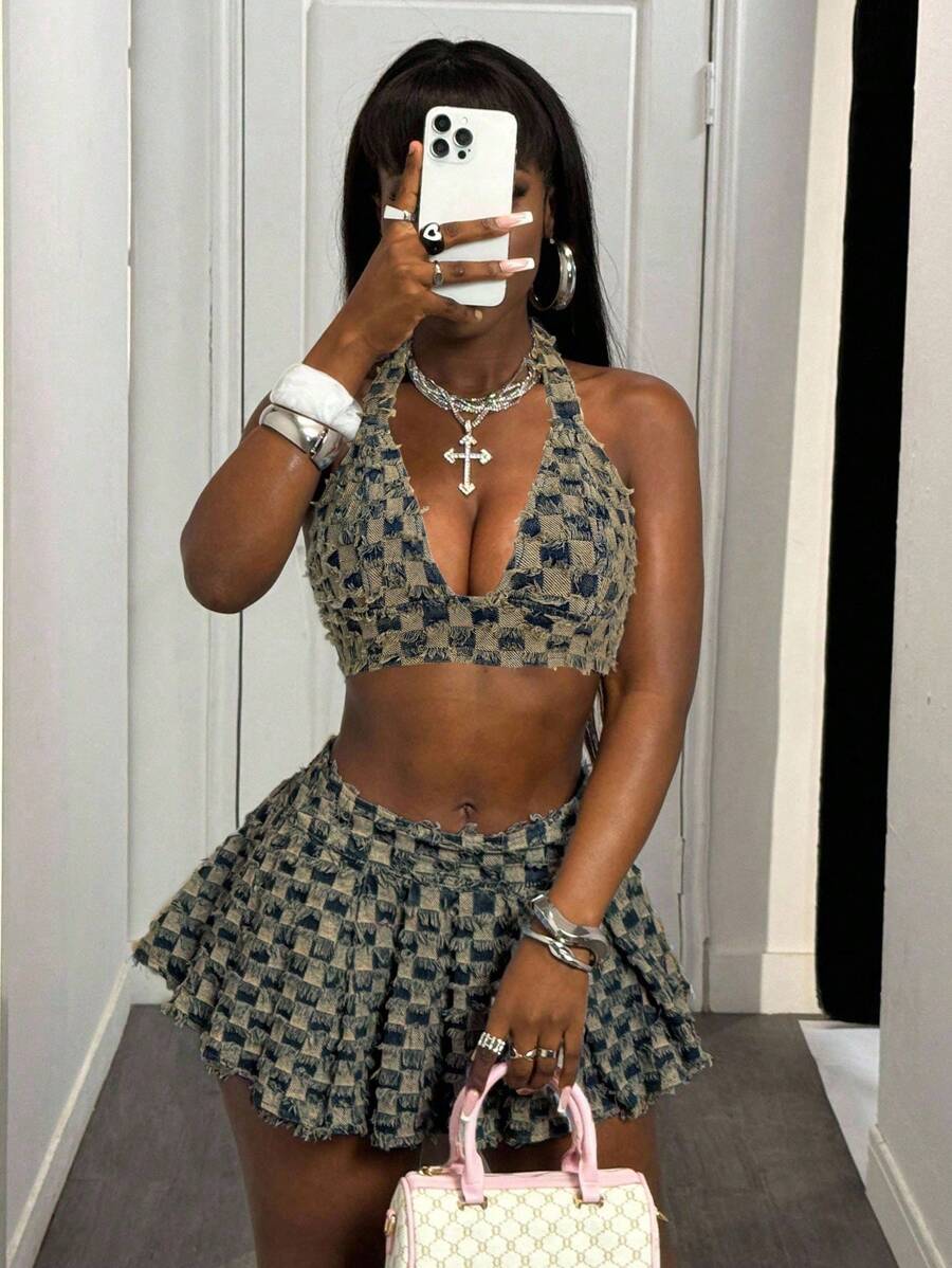 Slaydiva 女士牛仔露背短款上衣，性感修身蓝色 - 深色水洗藍 - 查看 1