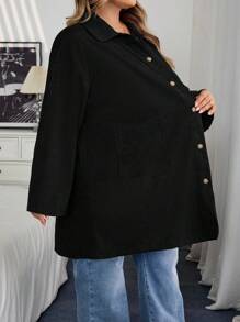 SHEIN CURVE+ Curve 加大码/秋装/秋季女装/女冬装/冬装大码女式乡村风格灯芯绒双口袋纽扣门襟中长外套，秋季夹克加大码夹克 8xl 女装 6xl 加大码女装 5xl 加大码加大码灯芯绒夹克，女式秋季服装/秋/冬 - 黑色 - 查看 9