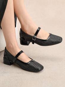 Rosivie 2026 Summer New Retro Square Toe Low Vamp Woven Mesh Low Heel Mary Jane Women Shoes, Fashionable Hollow Strap Breathable Closed Toe Chunky Heel Sandals - Black - View 7
