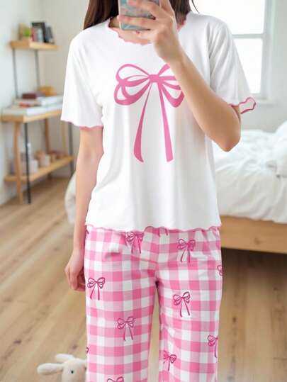 SHEIN 青少年女孩睡衣套装，蝴蝶装饰圆领短袖 T 恤搭配粉色格子蝴蝶结裤子，2 件套睡衣