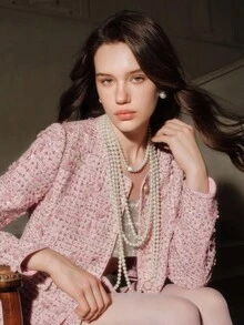 SHEIN Unity 浪漫约会优雅淑女粉色3D花朵圆领夹克和荷叶边下摆短裙两件套，秋冬 - 粉色 - 查看 4