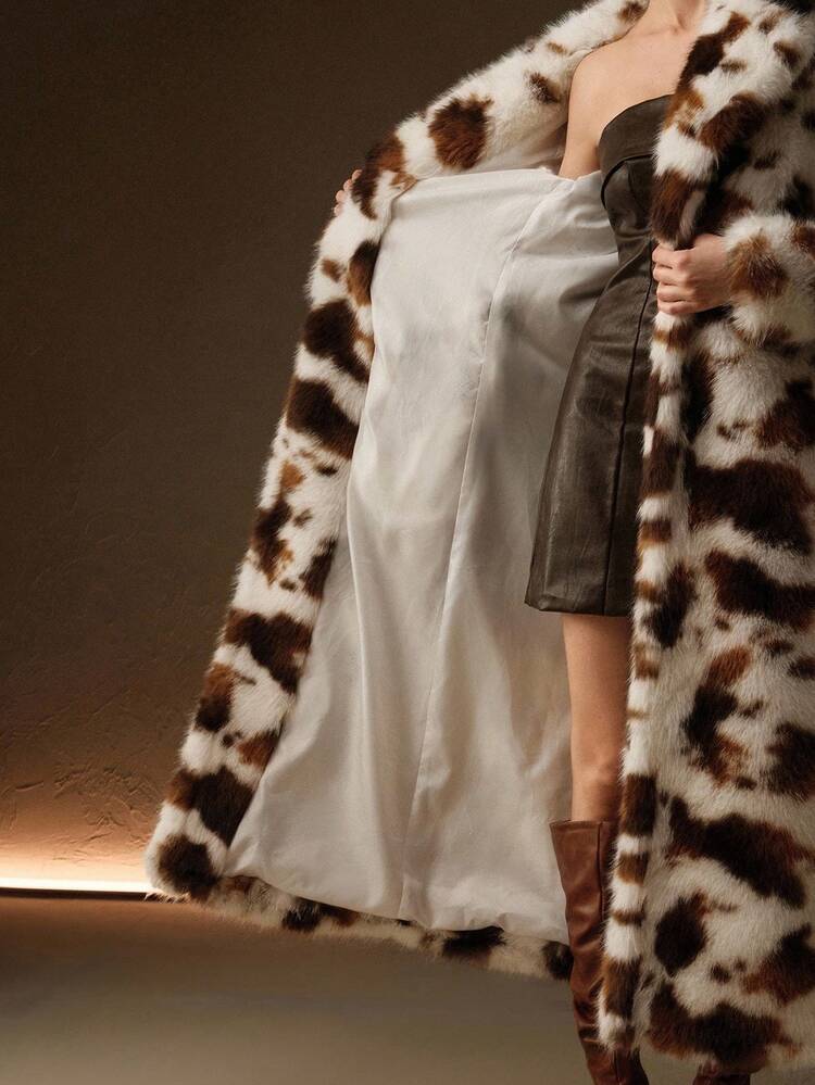 長めのラペル フェイクファー 牛柄コート、秋、冬、外出、エレガント、フォーマル、パーティー、シック、新年、レディースアウター、クリスマス、仕事、卒業式、結婚式に適しています