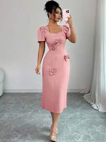 Elenzga Vestido de verano de longitud media con elegante decoración floral 3D para mujer - Rosa vieja - Ver 6