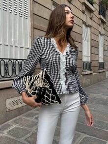 Pariaura 女式格子荷叶边系带泡泡袖衬衫 - 黑與白 - 查看 3