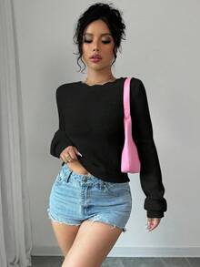 SHEIN Unity Women's Casual Solid Color Back Button Sweater Fall Winter Cloth For Women - Black - View 5