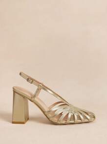 Rosivie Women's Square Toe Chunky Heel Black PU Leather Slip-On Pumps, Fashionable Minimalist Comfortable For Daily Wear And Occasions For Christmas - Gold - View 2