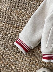 SHEIN 女婴条纹插肩袖单排扣休闲棒球夹克 - 灰色 - 查看 5