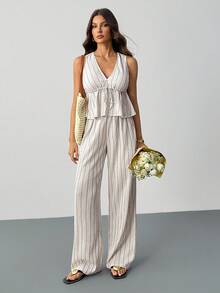 SHEIN Tall 2pcs Women's Striped Tie Waist Sleeveless Top And Pants Set, Tall Version, Classy Outfits For Women, Dress Casual, 2 Pieces Women's Summer Casual Resort Sleeveless Striped Tie Waist Waistband Sleeveless Top And Pants Summer Outfits For Women Two Pieces Set Women Vacation Outfits Woman Everyday Wear,Elegant Women's Set,Country Style For Women - White - View 8