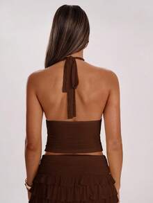 SHEIN BAE Áo hở lưng màu trơn gợi cảm cho nữ, mùa hè - Cà phê nâu - Xem 2