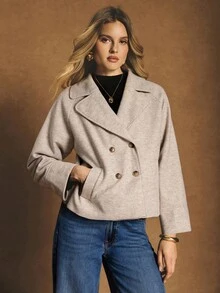 Poéselle 短款双排扣翻领大衣 – 女士时尚百搭双排扣大衣，简约别致的冬季假日及圣诞节外套（2025款） - 杏色 - 查看 7