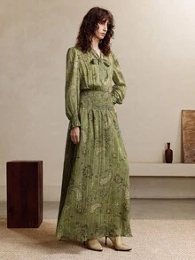 SHEIN LUNE فستان طويل أنيق للنساء في فصل الخريف، من الشيفون الذهبي بتصميم مطبوع، ضيق الخصر على شكل X، أساور الخصر وتصميم طوق كبير متدلي، ملابس نسائية بوهيمية للخريف - أخضر - مشاهدة 7
