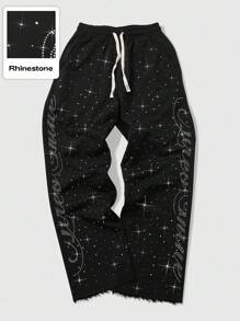 ROMWE MEN Street Life Spring Casual Graphic Streetwear Style Rhinestone English Text Straight Leg Sweatpants - Black - View 7