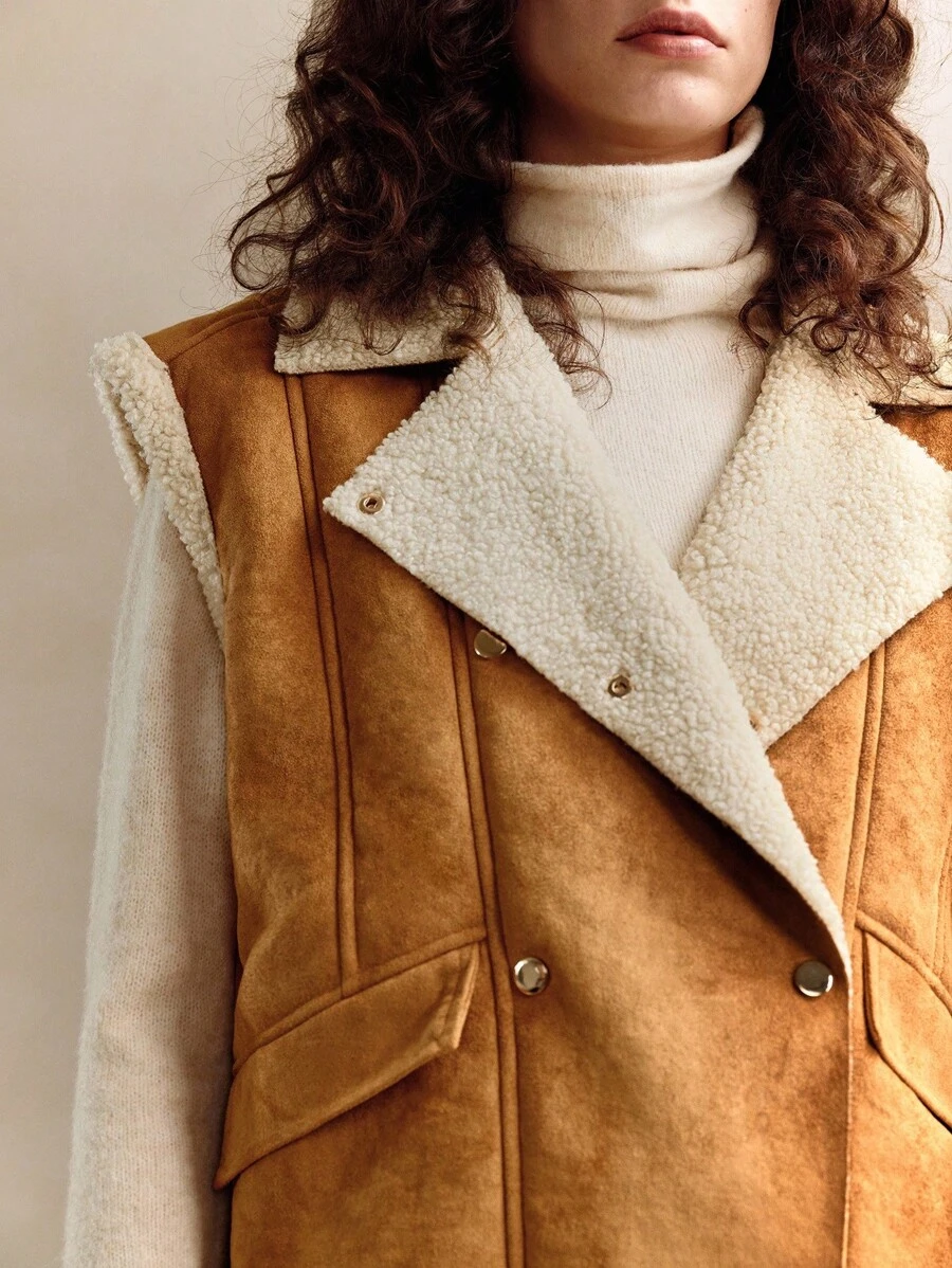 EMERY ROSE 绒面革复合背心夹克,通勤优雅斜口袋外套 - 彩色 - 查看 1