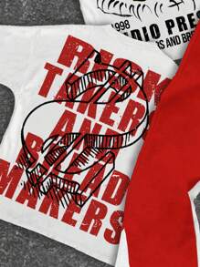 SHEIN Bộ 3 áo thun cổ tròn in hình mắt cá tính, in khẩu hiệu thời trang, in ký hiệu đô la và quần ống loe cho bé trai, phù hợp cho mùa hè - Nhiều màu - Xem 5