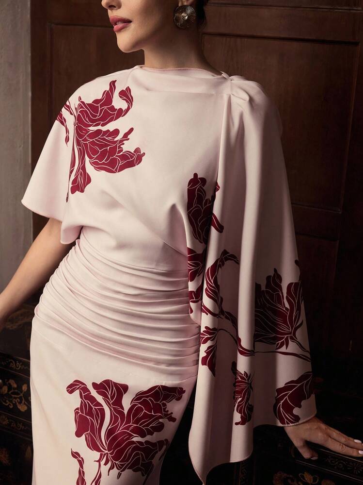 ZEYLAH Women's Floral Print Short Sleeve One-Shoulder Elegant Maxi Dress - Multicolor - View 2