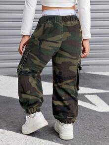 SHEIN 年轻女孩牛仔字母印花松紧腰迷彩慢跑裤