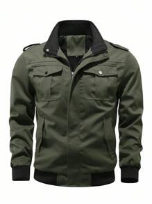 Manfinity Homme 男士户外防风休闲长袖拉链风衣夹克，秋季 - 軍綠色 - 查看 5