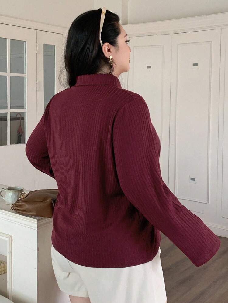Dazy Plus Christmas Polo Collar Half-Zip Long Sleeve Ribbed Loose Burgundy Loose T-Shirt For Women