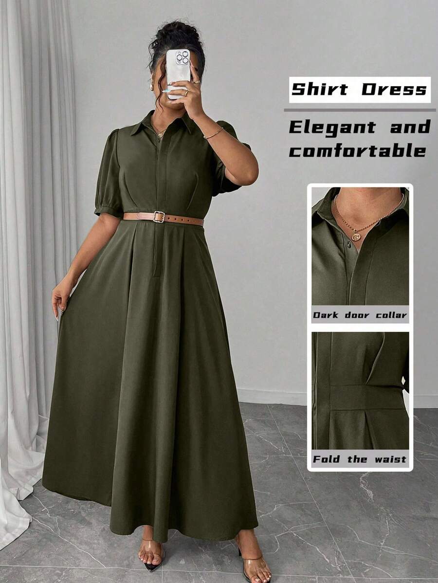 Elenzga Váy tay đèn lồng màu trơn thanh lịch cỡ lớn, váy sơ mi sang trọng cho người đi làm mùa hè - xanh quân đội - Xem 1