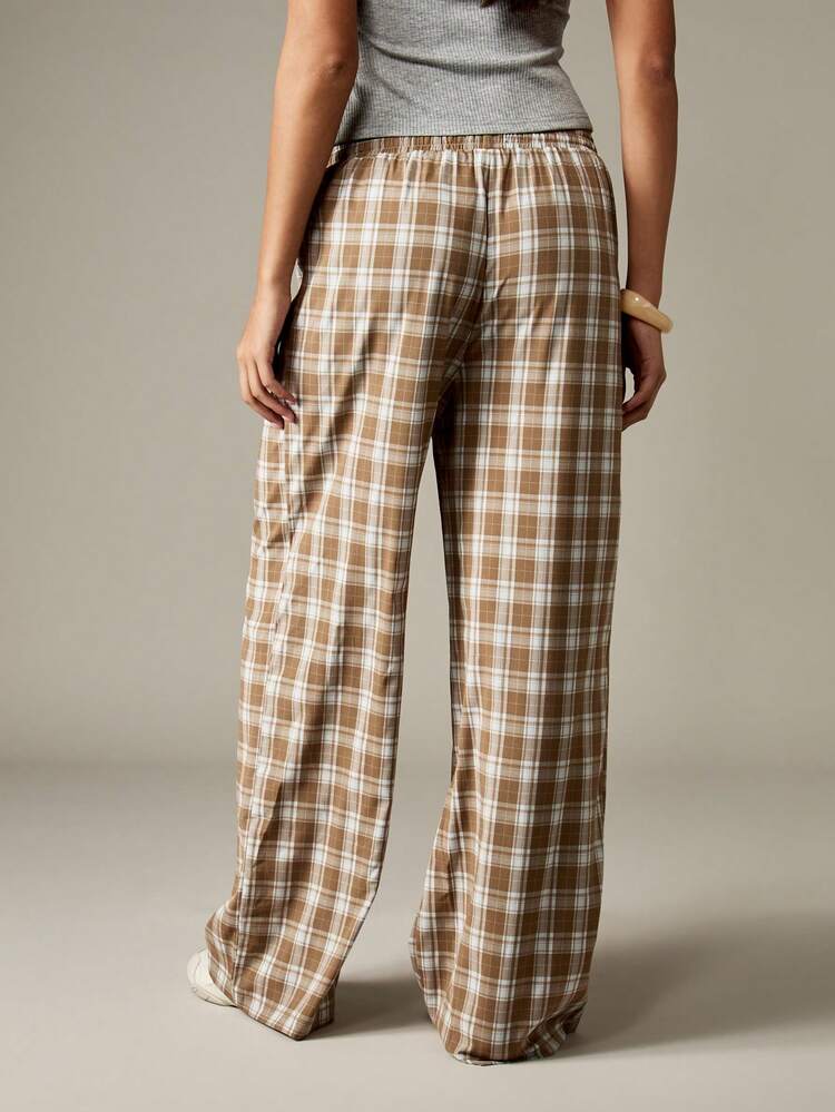 MISSGUIDED Plaid Wide Leg Palazzo Pants Drawstring High Waist Loose Fit Lounge Trousers Fall Winter Casual Comfort Wear