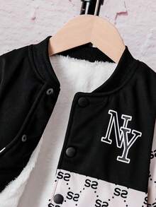 2 件幼儿男童秋冬加厚罗纹 V 领长袖上衣，几何印花，罗纹袖口和下摆，搭配松紧腰宽松印花字母图案裤套装 - 黑色 - 查看 5