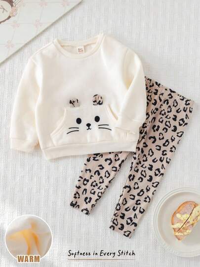 Cozy Pixies 2pcs Baby Girl Cartoon Cat Pattern Knit Soft Crew Neck Long Sleeve Pullover Sweatshirt And Elastic Waist Pants Set Fall Winter