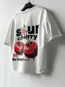 Manfinity Roghcode Men's Casual Cherry Letter Print Short Sleeve T-Shirt, Summer - White - View 5