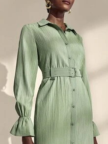 Chiquease Women's Elegant Patchwork Waist Loose Long Sleeve Midi Dress - Green - View 8