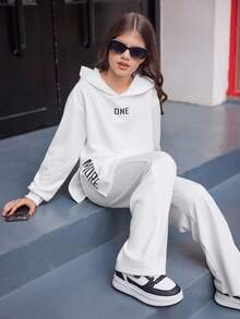 Tween Girl Letter Graphic Hoodie And Sweatpants Set, Casual Sports, Autumn Fall Winter - White - View 1