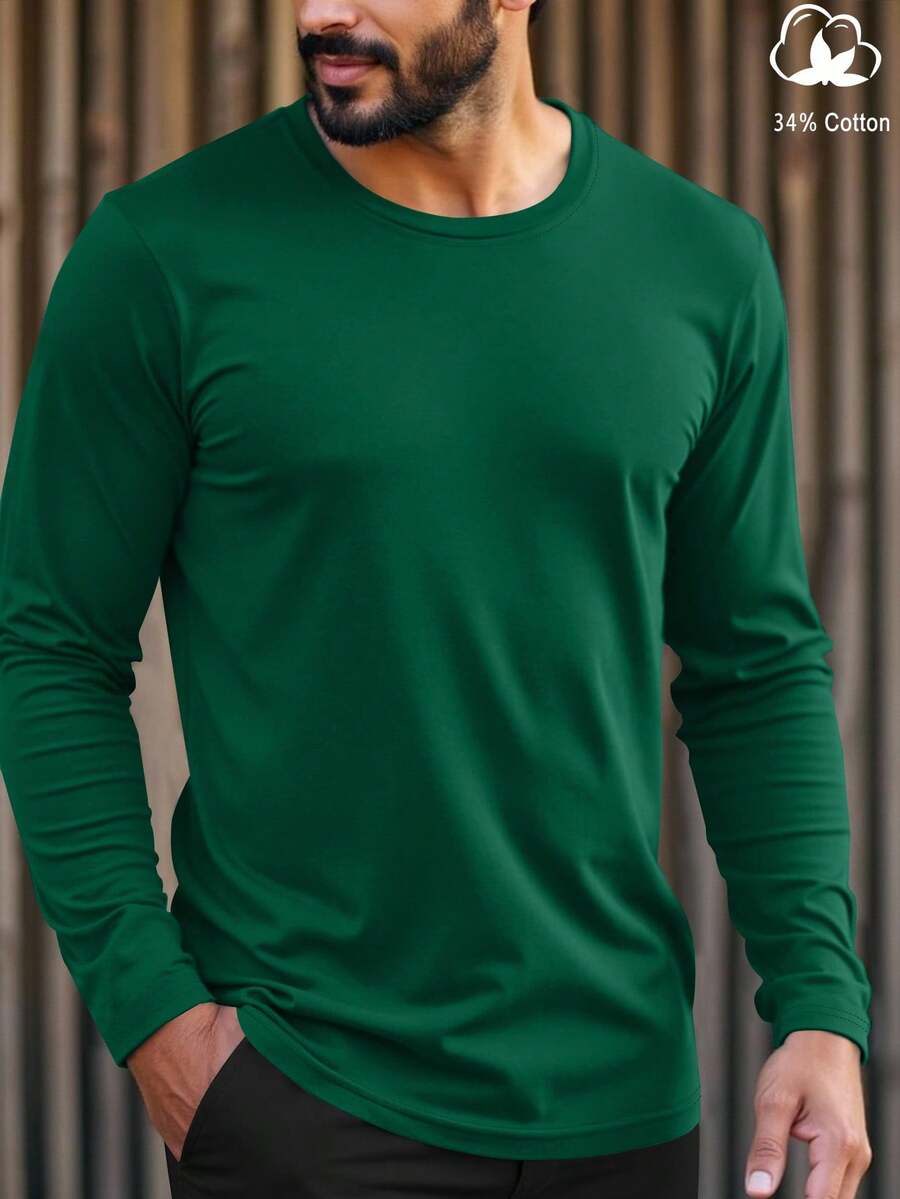 Manfinity Homme 男士休闲纯色长袖T恤，适合春秋季节穿着，绿色T恤，男士绿色上衣，棉质长袖男士全袖T恤，长袖T恤，秋季 - 墨綠色 - 查看 1