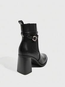 Daringsoles Women's Fashion Buckle Design Pointed Toe Black Chunky Heel Ankle Boots - Black - View 11
