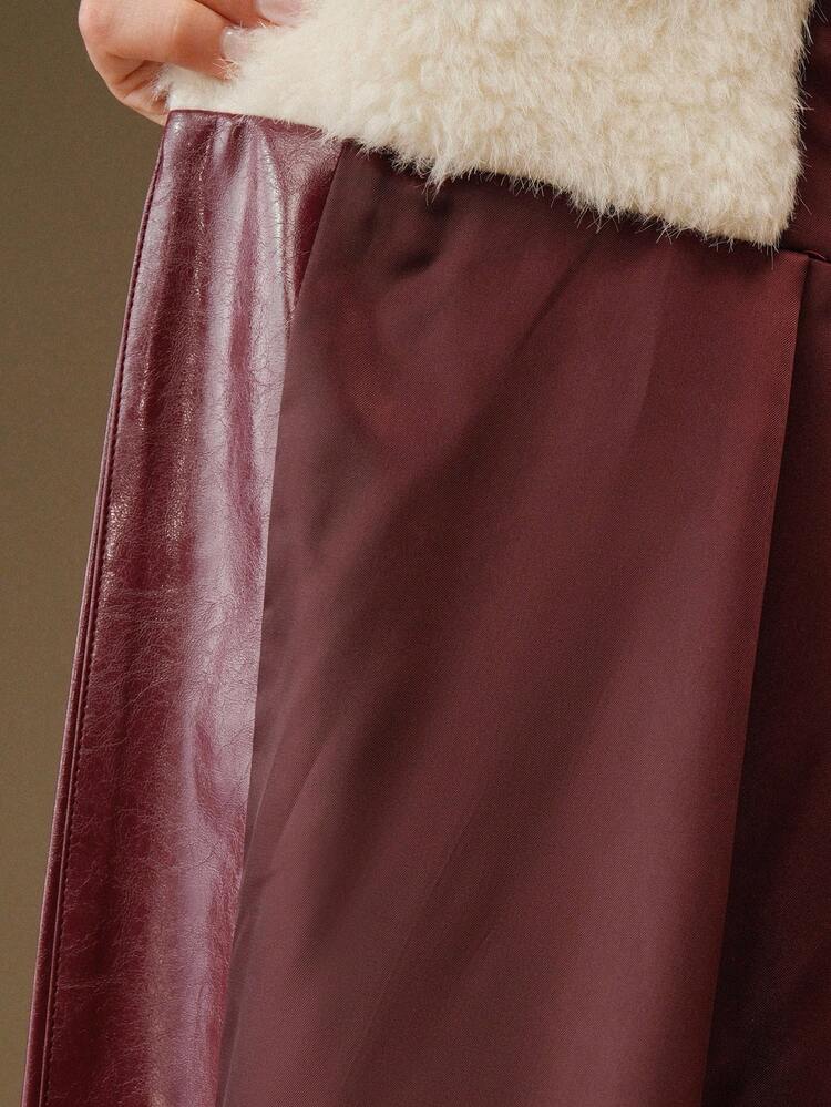 Elegant High-Waisted Faux Fur Long Coat, Suitable For Autumn, Fall, Winter, Going Out, Elegant, Formal, Party, Chic, New Year, Christmas, Graduation, Wedding, Burgundy