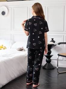 SHEIN 女童褶饰心形印花开衫睡衣套装 - 黑色 - 查看 2