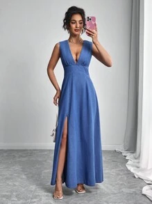 Elenzga Vestido de mezclilla de verano para mujer con cuello en V profundo, abertura alta en la falda, sin mangas y cintura ceñida - Azul - Ver 7